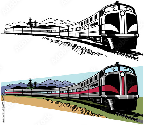 A passenger train speeds across a mountainous landscape.