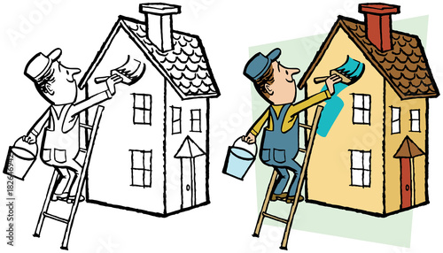 A worker stands on a ladder and paints a house a new color.