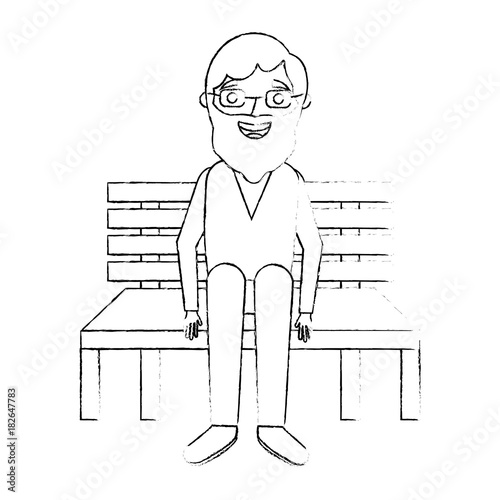 old man grandpa sitting in bench waiting sketch vector illustration