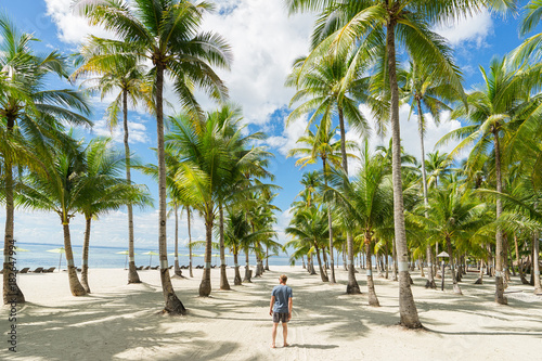 Man walking between palms on the  seashore. Back view. © upslim