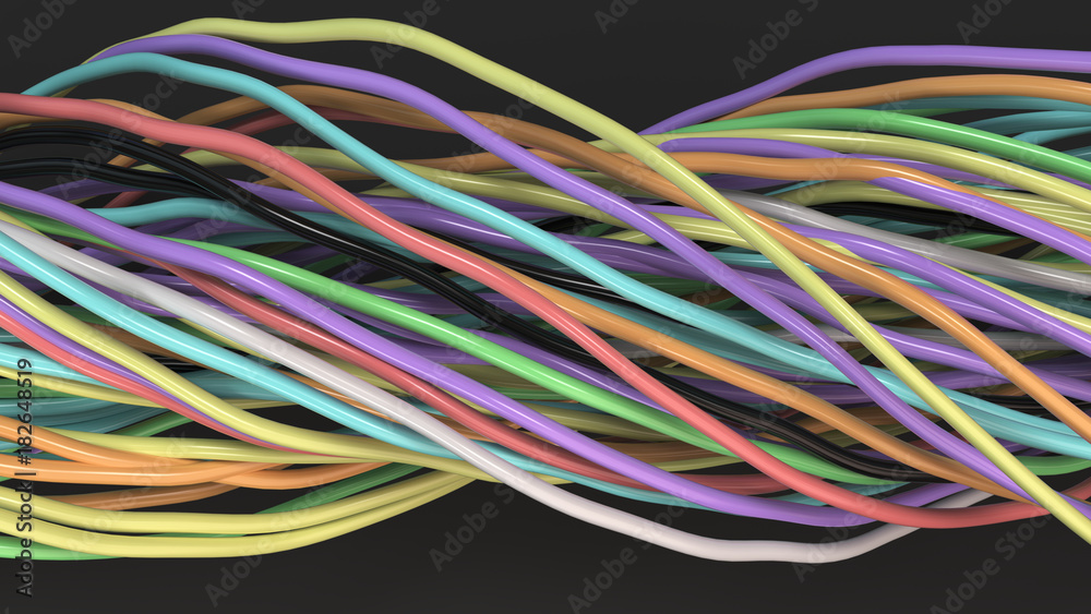 Twisted multicolored cables and wires on black surface Twisted multicolored cables and wires on black surface