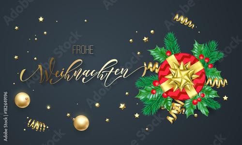 Frohe Weihnachten German Merry Christmas holiday golden calligraphy on gold decoration greeting card template. Vector Christmas tree holly wreath decoration confetti on black premium background design