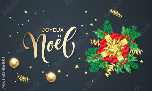 Joyeux Noel French Merry Christmas golden calligraphy and gold decoration greeting card design. Vector Christmas tree holly wreath decoration, New Year holiday confetti on black premium background