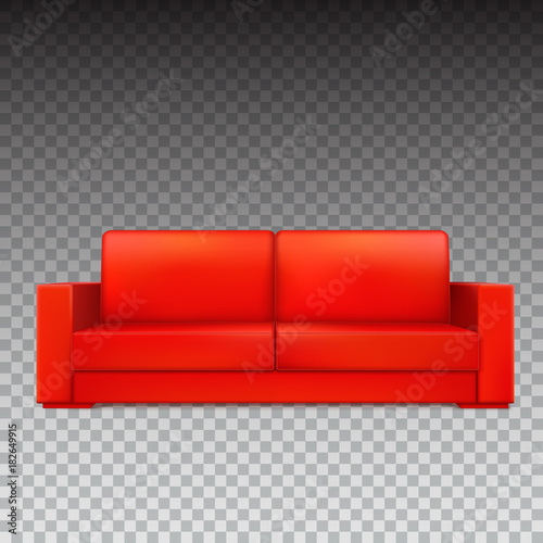 Red modern luxury sofa for living room, reception or lounge. Icon of single object, realistic design, vector isolated on transparent background, 3D illustration
