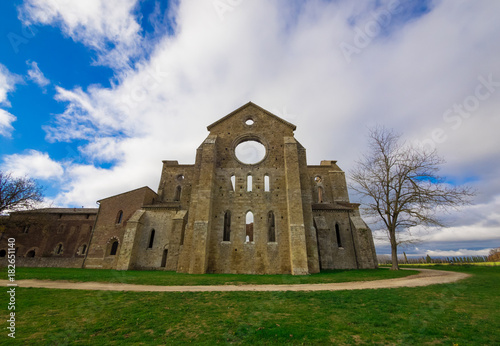 Abbey of Saint Galgano (Italy) - An old cistercian catholic monastery in a isolated valley of Siena province, Tuscany region. The roof collapsed after a lightning strike on the bell tower. © ValerioMei