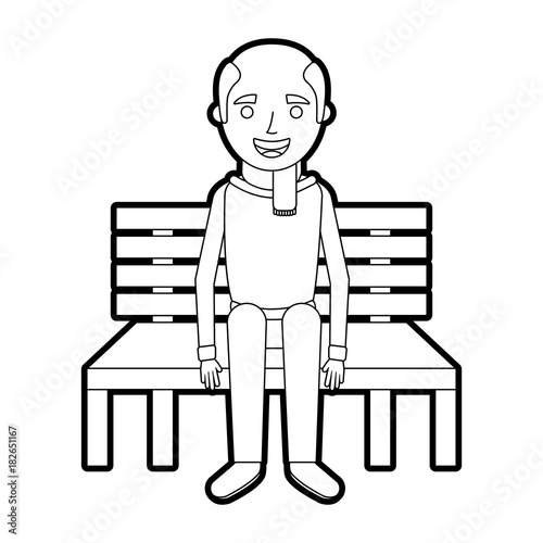 old man grandpa sitting in bench waiting vector illustration outline