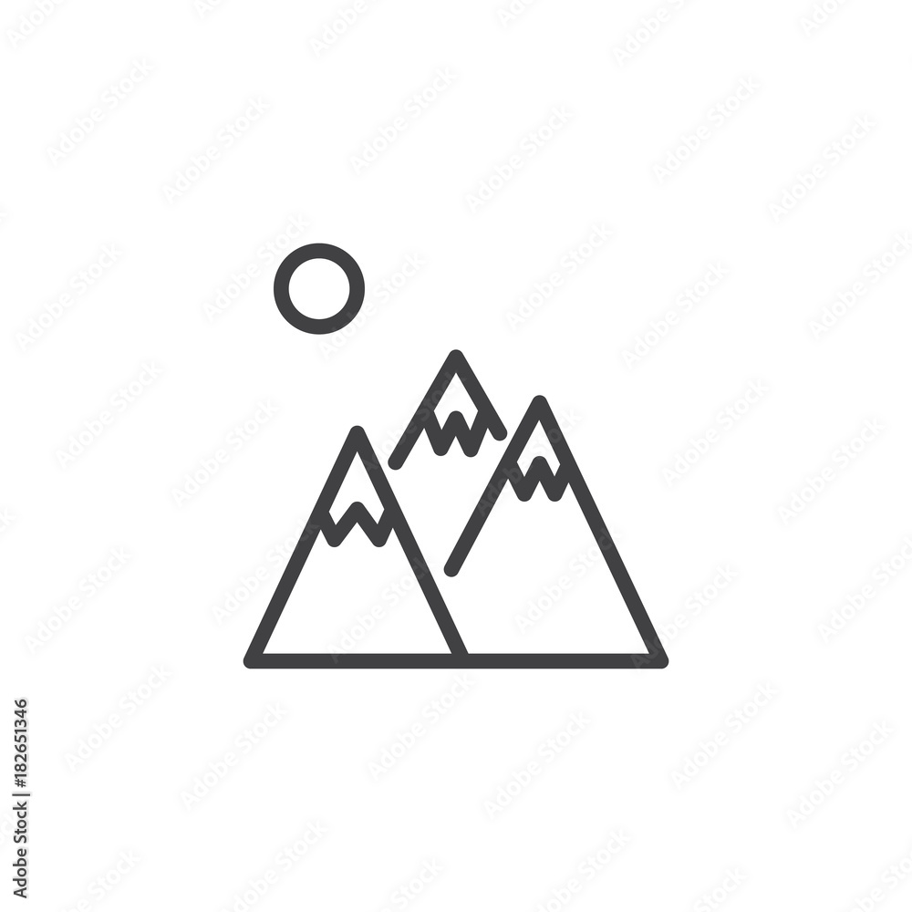 Winter mountain peaks line icon, outline vector sign, linear style pictogram isolated on white. Symbol, logo illustration. Editable stroke Winter mountain peaks line icon, outline vector sign, linear style pictogram isolated on white. Symbol, logo illustration. Editable stroke