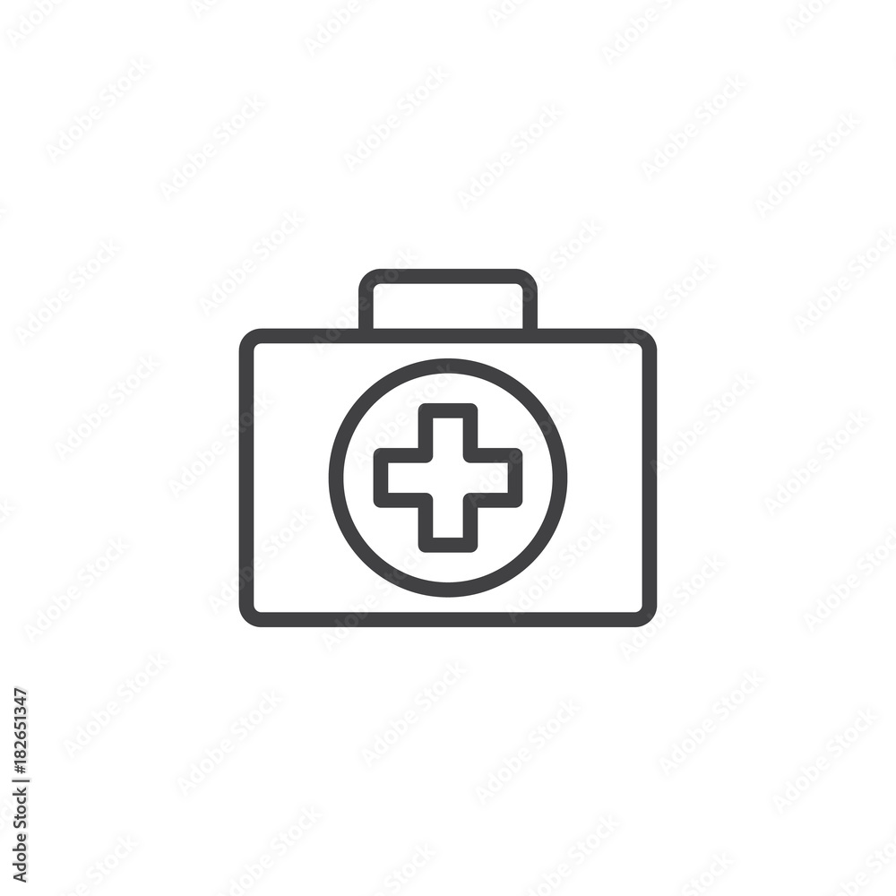 First aid kit line icon, outline vector sign, linear style pictogram isolated on white. Doctors bag with cross, medical suitcase symbol, logo illustration. Editable stroke First aid kit line icon, outline vector sign, linear style pictogram isolated on white. Doctors bag with cross, medical suitcase symbol, logo illustration. Editable stroke