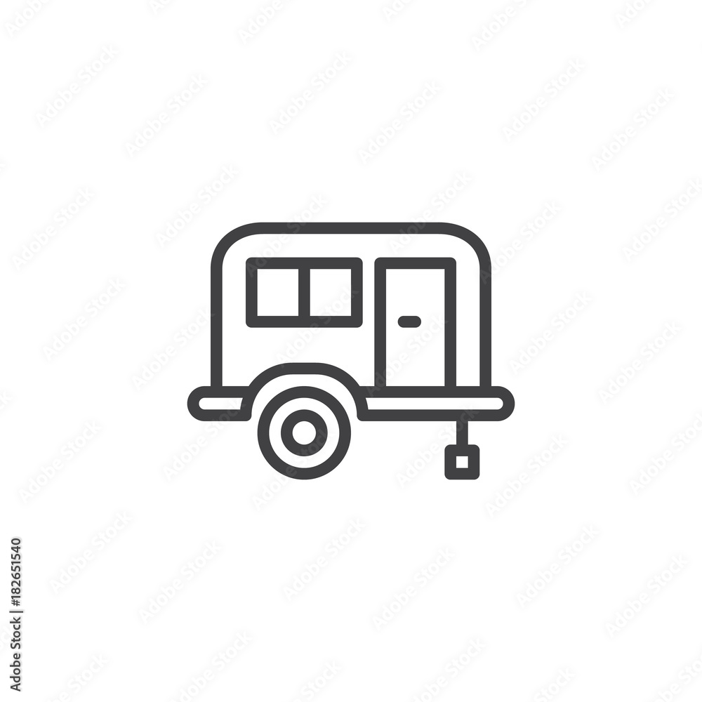 Camping trailer line icon, outline vector sign, linear style pictogram isolated on white. Mobile home trailer symbol, logo illustration. Editable stroke
