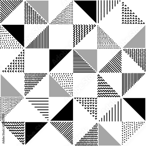 Hand drawn patterned triangles geometric seamless pattern in black and white, vector