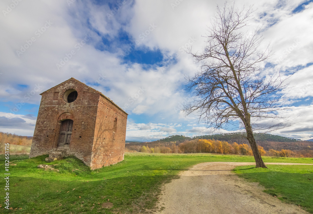 Abbey of Saint Galgano (Italy) - An old cistercian catholic monastery in a isolated valley of Siena province, Tuscany region. The roof collapsed after a lightning strike on the bell tower.