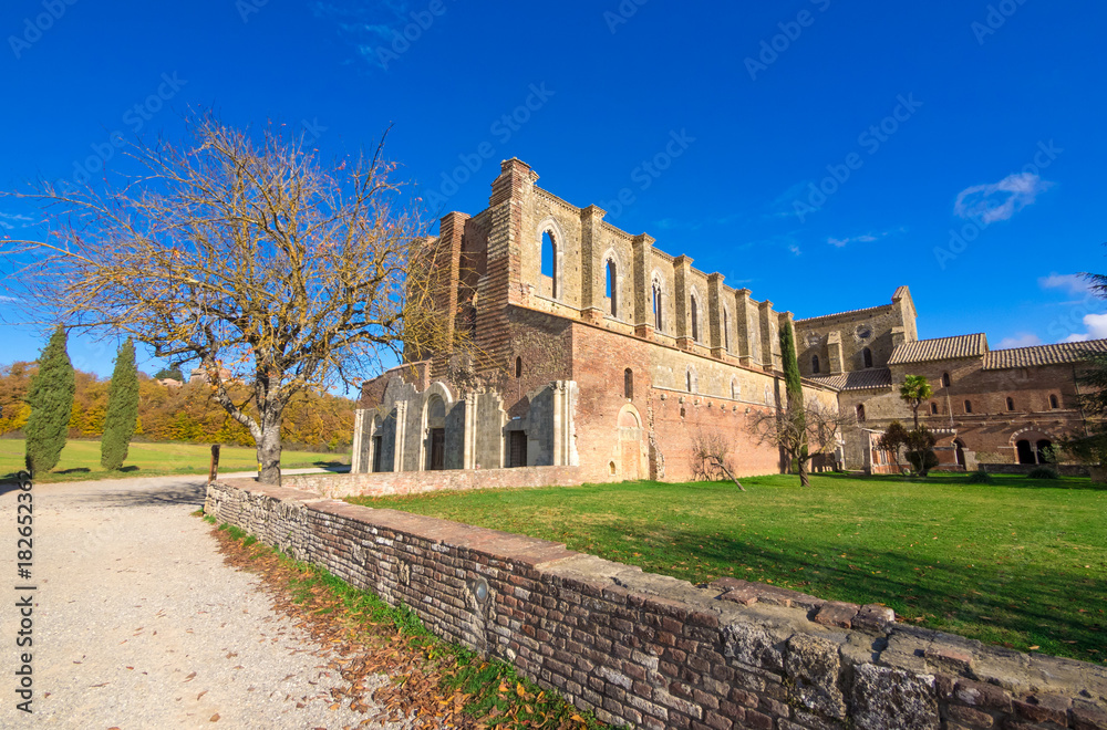 Abbey of Saint Galgano (Italy) - An old cistercian catholic monastery in a isolated valley of Siena province, Tuscany region. The roof collapsed after a lightning strike on the bell tower.