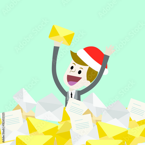 Businessman or manager in Christmas hat has a lot of emails. He found the one. Job is finished successfull