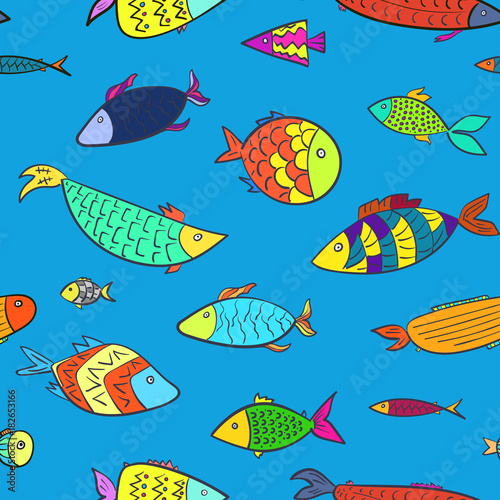 Cute kids marine seamless pattern with color cartoon fishes. Naval colorful aquarium or river fish on blue background for children textile, wrapping paper, wallpaper, swimsuit cloth, package © Tatahnka