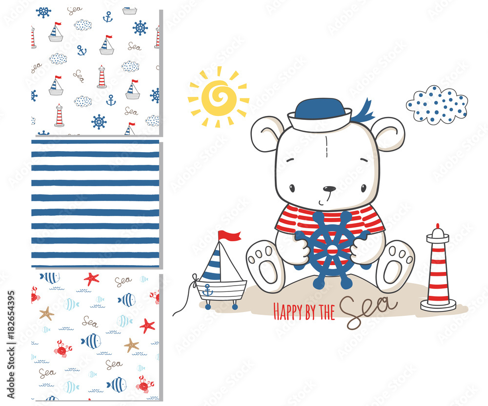 Fototapeta premium Niedźwiedź marynarza. Projekt powierzchni i 3 jednolite wzory
