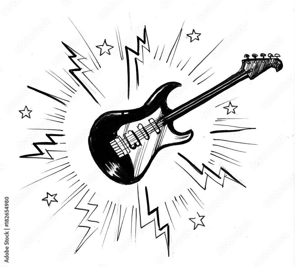 Electric guitar. Black and white ink illustration. Stock Illustration |  Adobe Stock