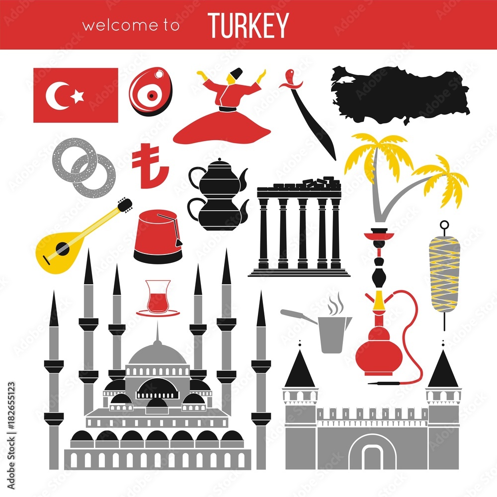 Set of country Turkey culture and traditional symbols.