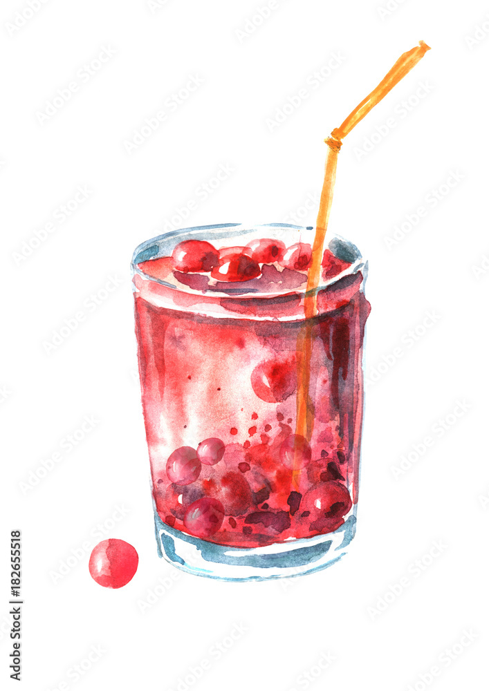 Watercolor drawing of a drink, juice, cocktail with a berry. Cherry