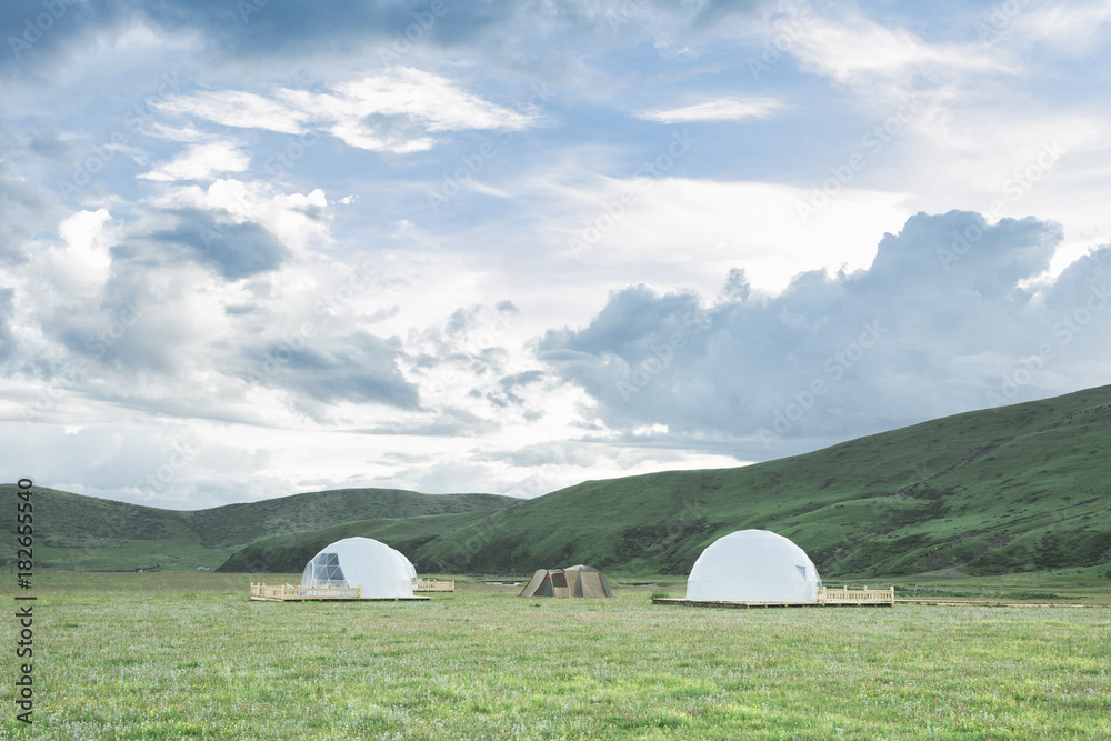 Camping tents on the plateau Camping tents on the plateau