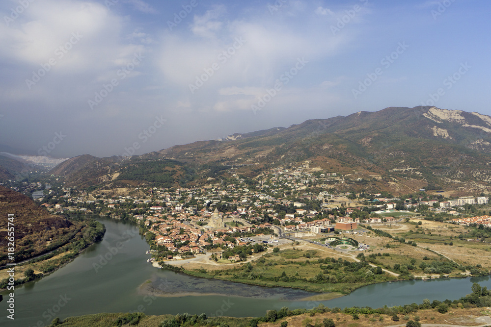 panoramic view of Mtskheta city and Kura river from Jvari monastery