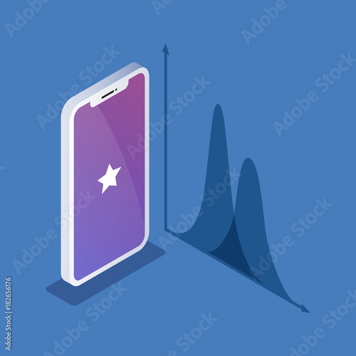 Isometric illustration of phone or smartphone isolated on a blue background next to a diagram image.