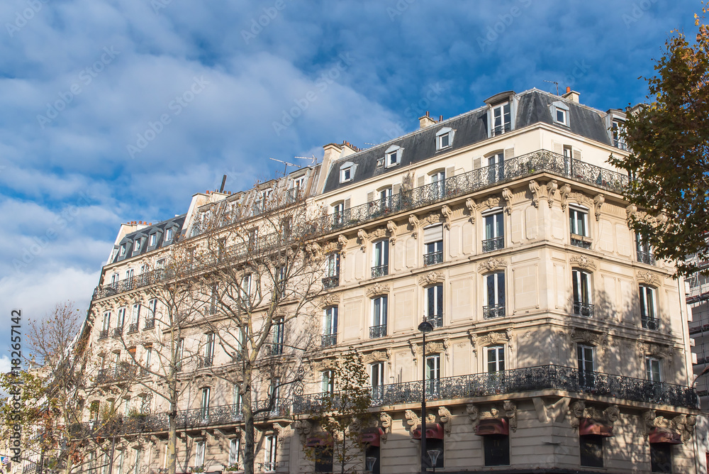 Paris, beautiful Haussmann facade in a attractive area of the capital, in the 11e district
