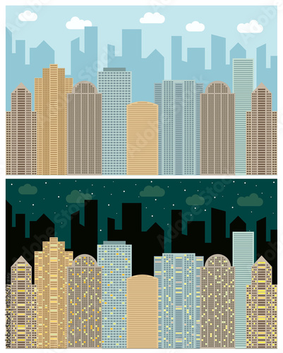Street view with cityscape, skyscrapers and modern buildings in the day and night. Vector urban landscape illustration. 
