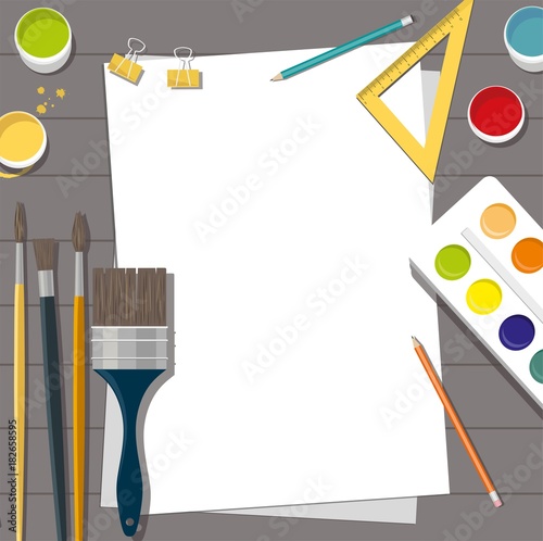 Hobby. Paints, brushes, pencils, pen, paper. Back to school. Wooden background.