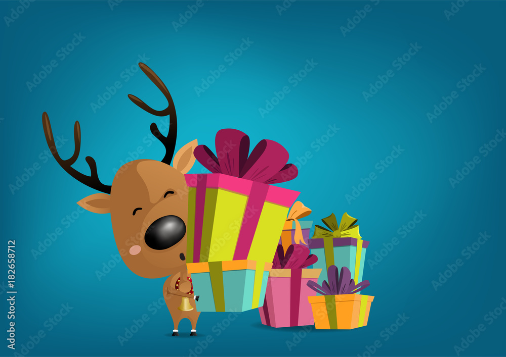 Cartoon Reindeer character with gift boxs in hands for card or background on blue background, Vector illustration. Cartoon Reindeer character with gift boxs in hands for card or background on blue background, Vector illustration.
