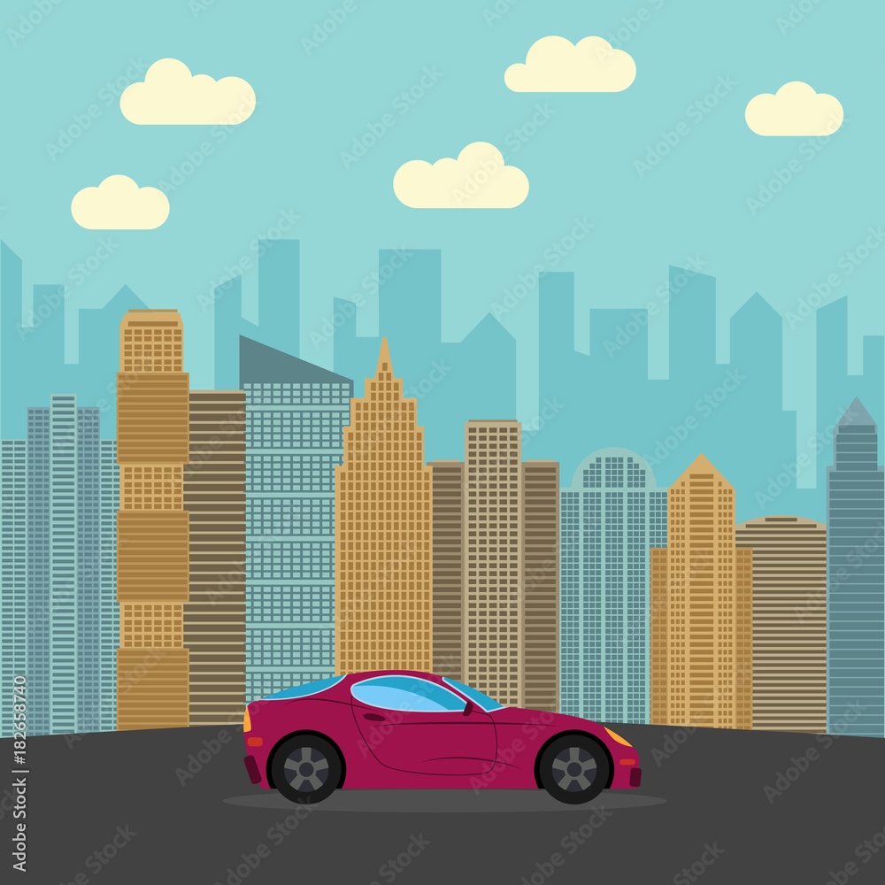 Red sports car in the city. Automobile on a background of skyscrapers on a sunny day. Vector illustration. 
