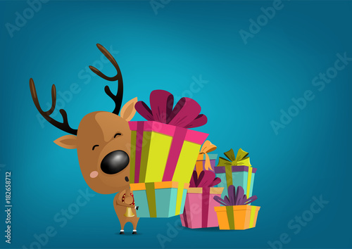 Cartoon Reindeer character with gift boxs in hands for card or background on blue background, Vector illustration.