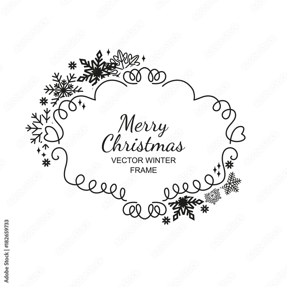 Black snowflake frame, decoration on white background, Christmas design for invitation, greeting card or postcard. Vector illustration, merry xmas snow flake framework