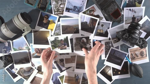 A woman looks at printed photos from travel spread on a wooden table with photo camera and lens.