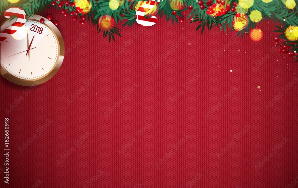 Christmas decoration with fir branches, berries and clock isolated on red canvas background. Vector illustration