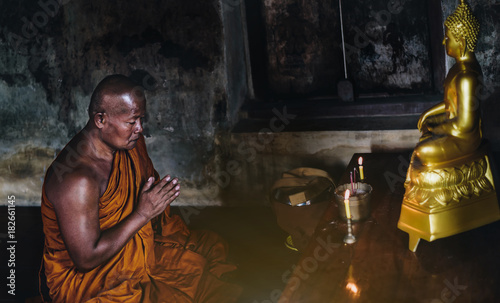 A monk is worshiping and meditating in front of the golden Buddha as part of Buddhist activities.