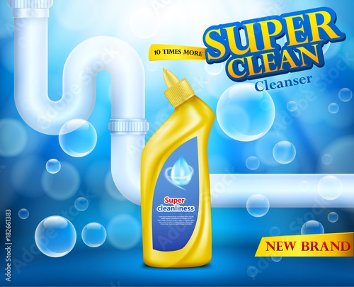 Advertising poster of a yellow plastic bottle with a curved tip with a liquid detergent in soap bubbles on a blue background. The cleaner for the bathroom, toilet and water pipes from blockages.