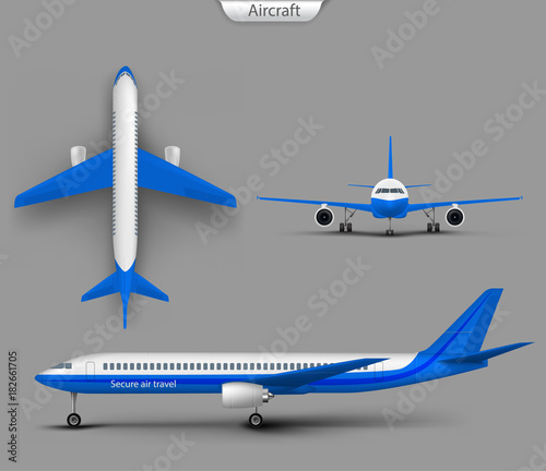 White commercial passenger airplane or personal business jet top, front, side view realistic vector isolated on gray. Civil aviation landed, aircraft template for tourism and travel concept design