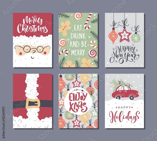 Vector Merry Christmas and Happy New Year greeting card set with Handwritten modern lettering.