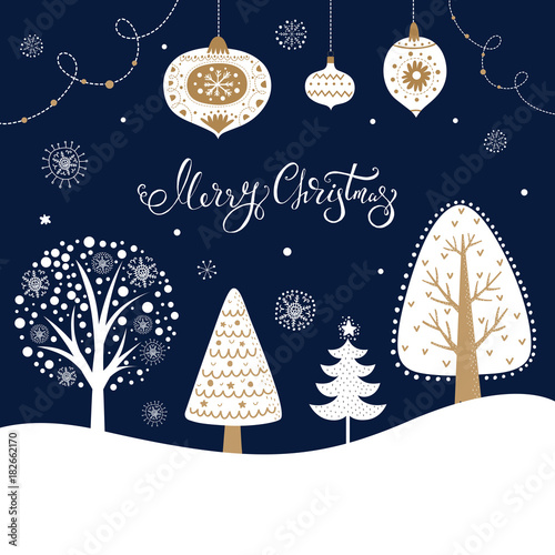 Elegant winter greeting card with trees and Christmas toys
