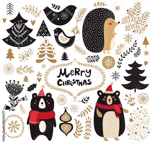 Black and gold illustration with decorative elements and cute animals