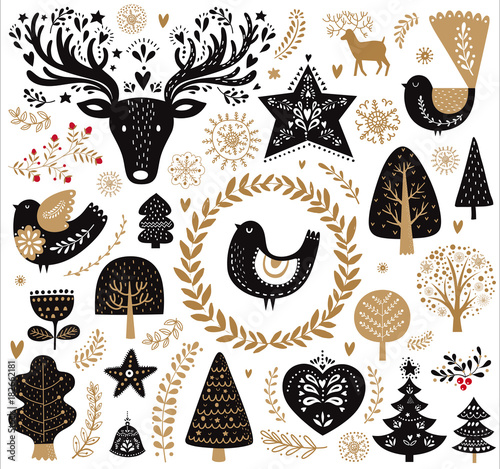 Black and gold illustration with decorative elements in Scandinavian style photo