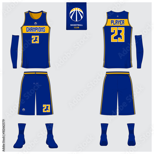Basketball uniform or sport jersey, shorts, socks template for basketball club. Front and back view sport t-shirt design. Tank top t-shirt mock up with basketball logo design. Vector Illustration.