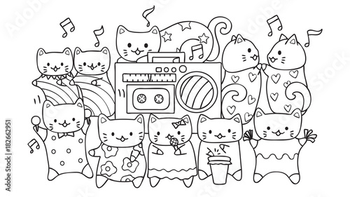 Hand drawn cute cats listening and dancing to music for design element and coloring book page for kids.