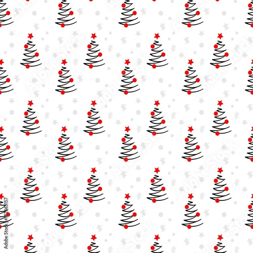 CHRSITMAS TREES WITH RED BAUBLE PAINTED ART. SEAMLESS VECTOR PATTERN. ABSTRACT HOLIDAY DECOR OUTLINE TEXTURE