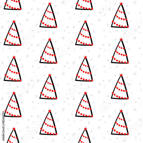 CHRSITMAS TREES WITH RED BAUBLE PAINTED ART. SEAMLESS VECTOR PATTERN. ABSTRACT HOLIDAY DECOR OUTLINE TEXTURE