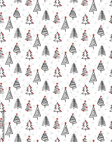 CHRSITMAS TREES WITH RED BAUBLE PAINTED ART. SEAMLESS VECTOR PATTERN. ABSTRACT HOLIDAY DECOR OUTLINE TEXTURE