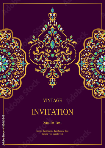 Wedding Invitation card templates with gold patterned and crystals on background color.