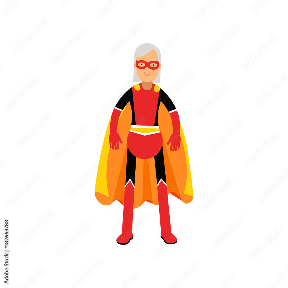Super grandmother, senior woman superhero wearing orange cape vector Illustration