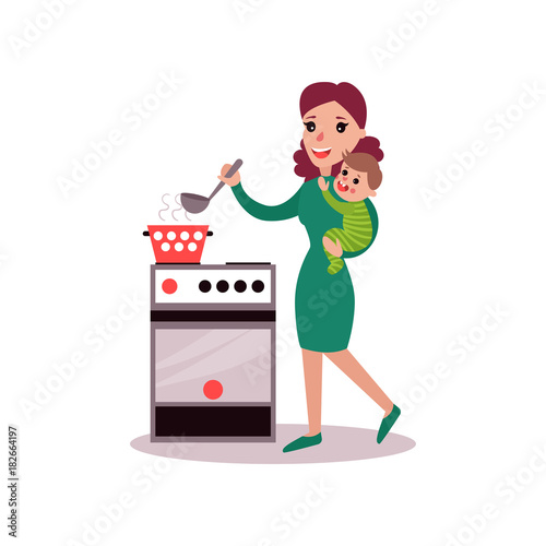 Mother cooking at the kitchen with baby in her arms, super mom concept vector Illustration