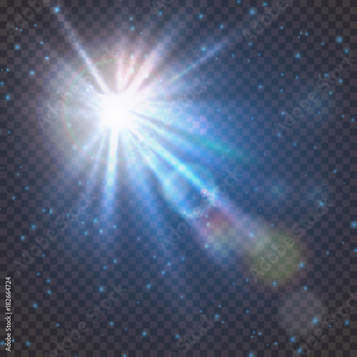 Flash burst of star light with blur and lens flare effect. Shining sun glow. Sparkling light of sun rays on transparent background. Neon blue beam explosion radiance © klerik78